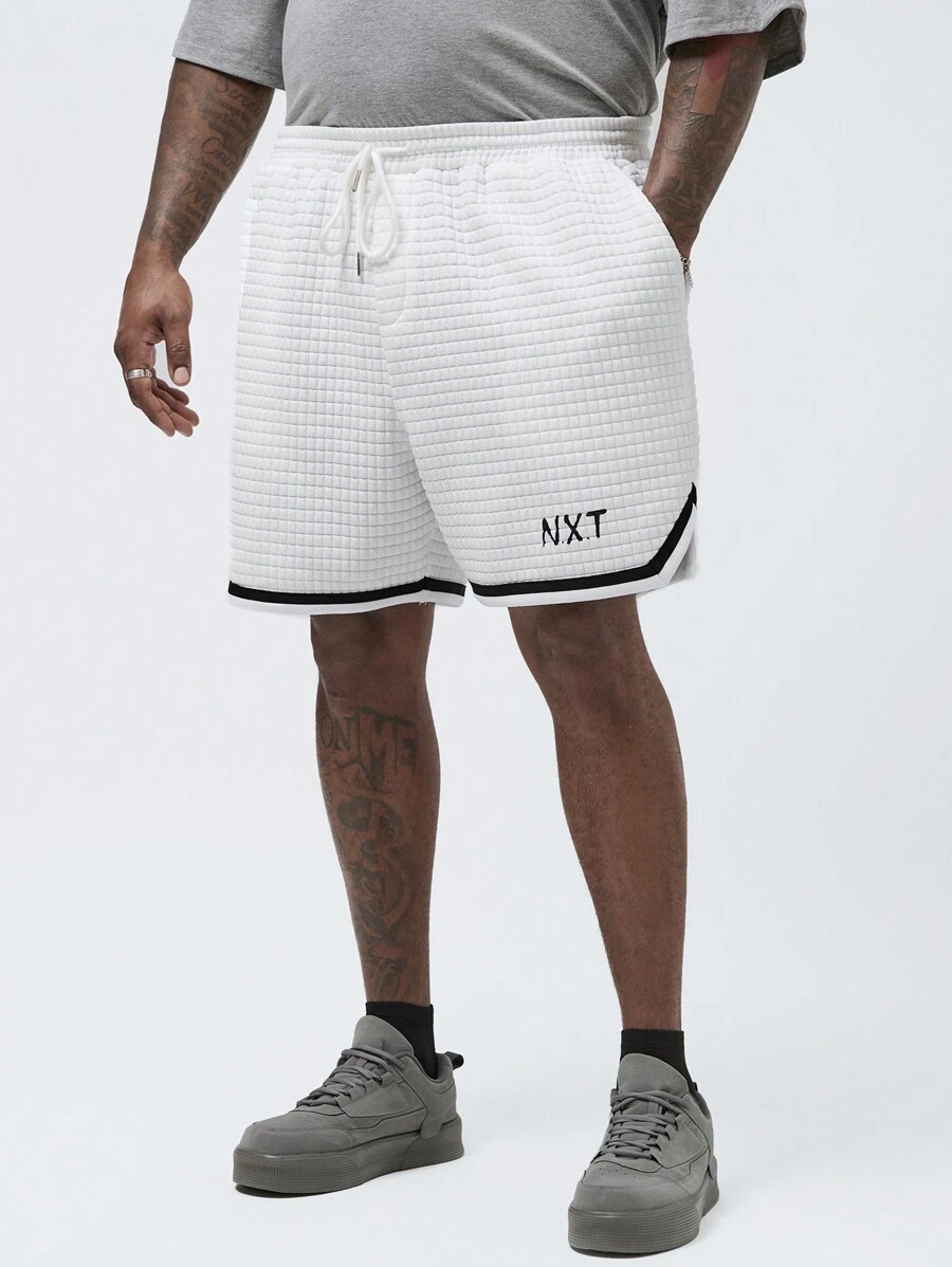 Manfinity VCAY 男士加大碼休閒針織彈性腰短褲，字母浮水印花，直筒款，適合夏季日常穿著