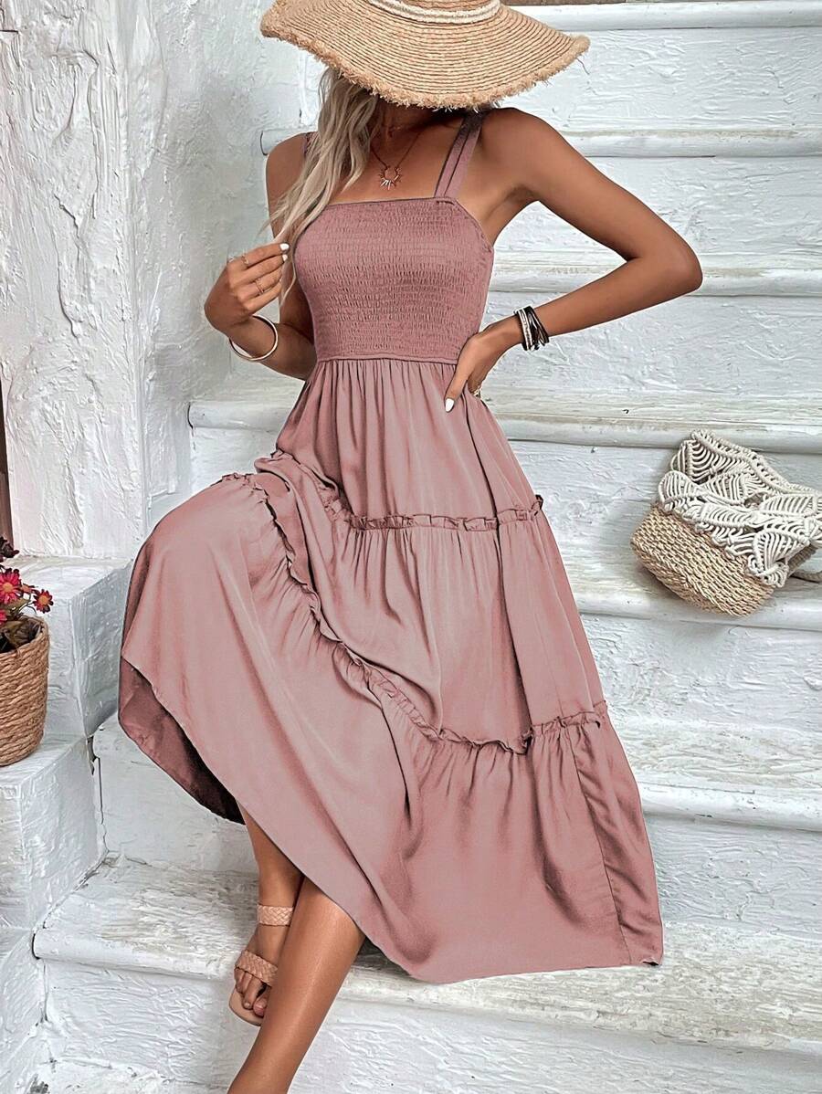 SHEIN Clasi Váy Cami không tay xếp tầng màu trơn dành cho nữ cho mùa hè - Hồng - Xem 1