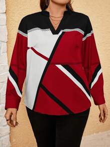 SHEIN Unity 大码女式夏季几何印花缺口 V 领长袖宽松优雅衬衫新年衣服 - 紅色 - 查看 5