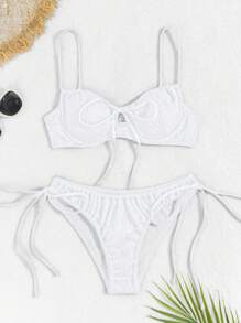 SHEIN Swim Women's Summer Beach Plain Hollow Out Lace-Up Sexy Bikini Set (With Underwire) - White - View 3