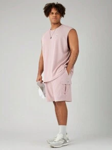 Manfinity VCAY 2pcs/Set Men's Plus Size Knitted Casual Slim Fit Sleeveless Tank Top And Mid-Waist Straight Shorts, Summer And Daily Wear - Mauve Purple - View 3