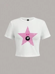 SHEIN EZwear 休闲简约五角星印花纽约英文文字圆领短袖短款紧身加大码女式T恤，适合夏季套头衫 - 白色 - 查看 3