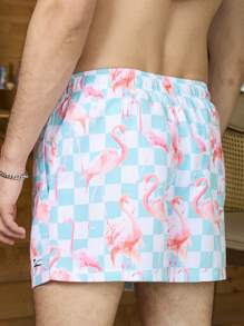 Manfinity Shorts de playa holgados para hombre con estampado de flamencos y cintura con cordón