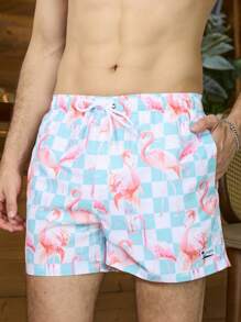 Manfinity Shorts de playa holgados para hombre con estampado de flamencos y cintura con cordón