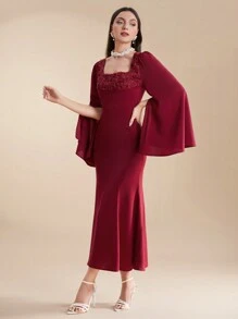 Modelyn Burgundy Red Women's Summer Solid Color Square Neck Flared Sleeve Pleated Party Matching Dress, Evening Party Dress Long Evening Dresses