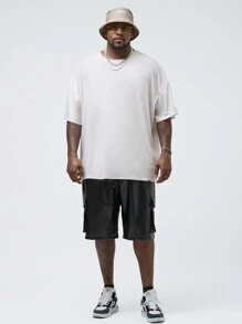 Manfinity VCAY Men's Plus Size Knitted Loose Casual Short Sleeve T-Shirt With Drop Shoulder Pattern Design, Suitable For Summer Daily Wear