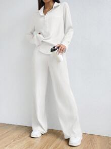 SHEIN EZwear Women's Plain And Simple Daily Wear Shirt And Long Pants Two-Piece Set - White - View 8