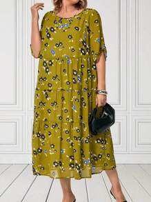 EMERY ROSE Plus Size Women's Teacher Clothes Ripe Elegant  Floral Printed Round Neck Half Sleeve Doubledeck Casual Casual Dress With Layered Ruffle Hem