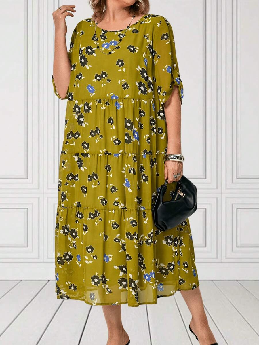 EMERY ROSE Plus Size Women's Teacher Clothes Ripe Elegant  Floral Printed Round Neck Half Sleeve Doubledeck Casual Casual Dress With Layered Ruffle Hem