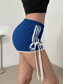 SHEIN ICON Chắp vá dệt ruy băng nơ ren quần short mùa hè thông thường - màu đen - Xem 6