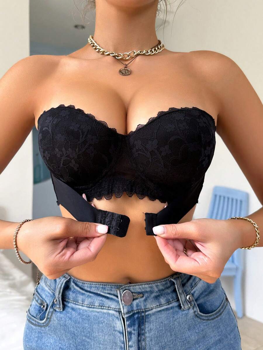 无肩带聚拢文胸，防滑防摔设计，浪漫性感蕾丝带钢圈，适合小胸丰胸，以 1 件内衣形式出售 - 黑色 - 查看 1