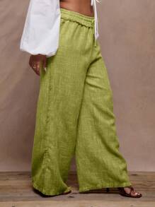 MUSERA Linen Fray Trim Wide Leg Trouser Boho Summer Cute Boho. Elegant Chic - Green - View 4