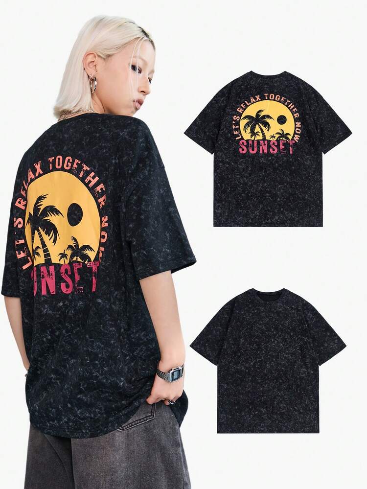 Vintage Palm Tree Print Oversized T-Shirt, Casual Streetwear Vacation Style For Women, Boyfriend Chic