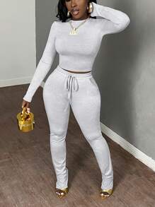 Slaydiva 2 szt. Damski, swobodny, podstawowy, obcisły strój z okrągłym dekoltem, składający się z krótkiego topu z długim rękawem i elastycznym paskiem ze sznurkiem oraz spodni o dopasowanym kroju, jesień/zima - Szary - Zobacz 3