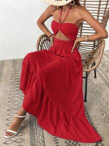 SHEIN VCAY Women's Solid Color Ruffle Trim Halter Neck Casual Vacation Summer Dress - Red - View 1