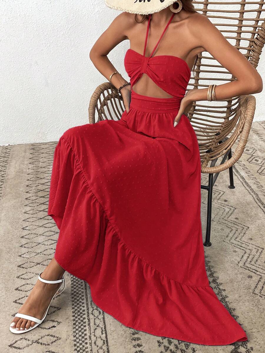 SHEIN VCAY Women's Solid Color Ruffle Trim Halter Neck Casual Vacation Summer Dress - Red - View 1