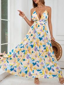 SHEIN VCAY Abito da vacanza con spalline sottili scollatura a V per donna - Multicolore - Visualizzare 1