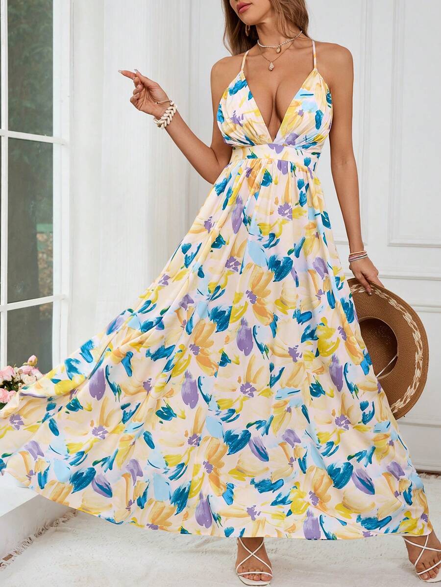 SHEIN VCAY Abito da vacanza con spalline sottili scollatura a V per donna - Multicolore - Visualizzare 1