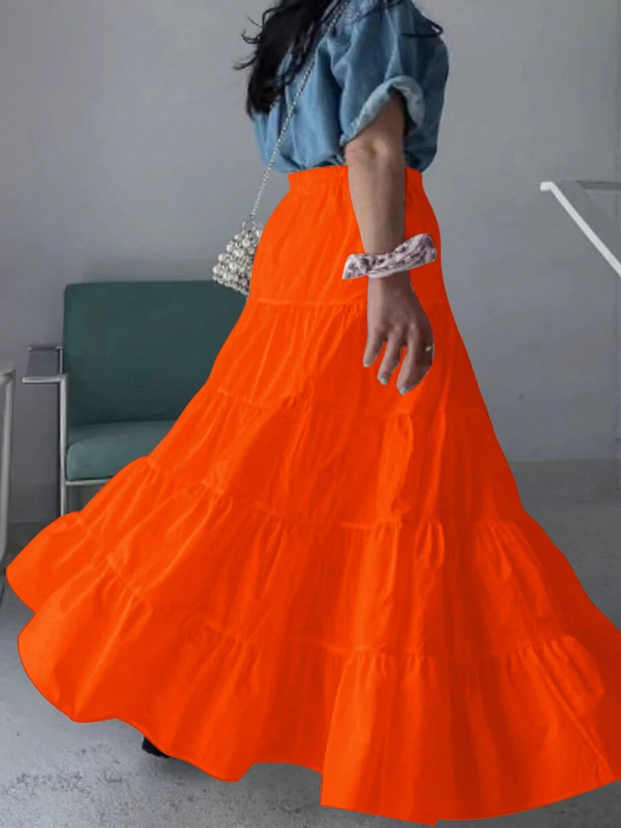Plus Size Pomarańczowa spódnica w kształcie litery A, młodzieńcza, żywa, prosta, swobodna, wszechstronna, luźna - Pomarańczowy - Zobacz 1