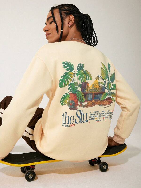 GAWX Sweat-shirt décontracté à manches longues, col pull, avec imprimé lettre et plante, pour homme d'artiste. Idéal pour les vacances, les sorties, le festival, l'entraînement, Ibiza.