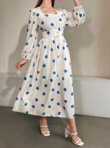 Modelyn Đầm Maxi Tay Lồng Đèn Hoa Mùa Hè Cho Nữ Có Cổ Vuông Và Thắt Lưng Eo - Màu xanh lam - Xem 5