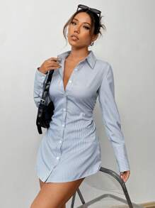 SHEIN Unity Striped Print Front Button Bodycon Dress With Waist Pleats, Long Sleeves Fall Cloth For Women - Black - View 5