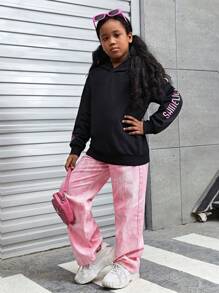 SHEIN Explorewe Tween Girl Car Back & Star Sleeve Letter Print Sweatshirt - Black - View 5