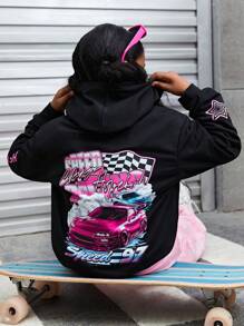 SHEIN Explorewe Tween Girl Car Back & Star Sleeve Letter Print Sweatshirt - Black - View 1