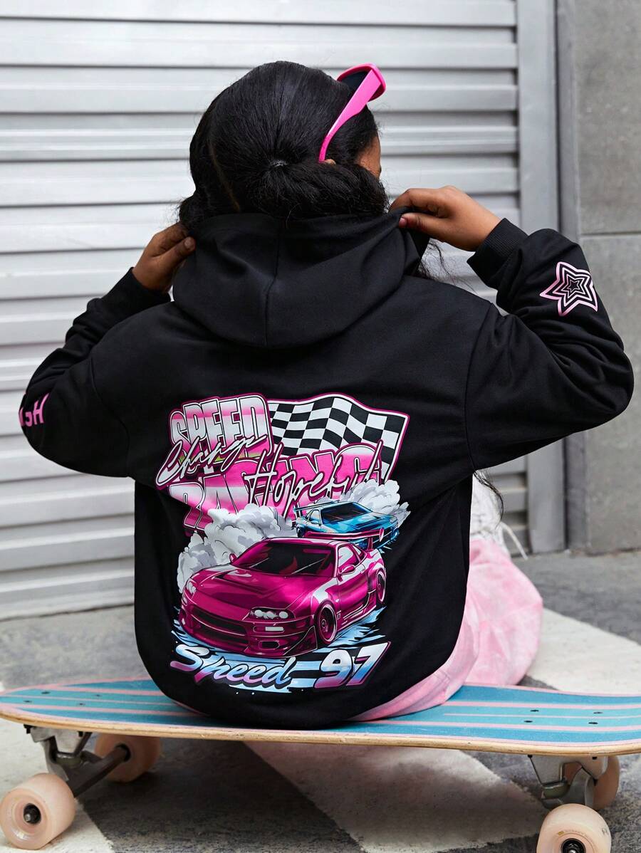 SHEIN Explorewe Tween Girl Car Back & Star Sleeve Letter Print Sweatshirt - Black - View 1