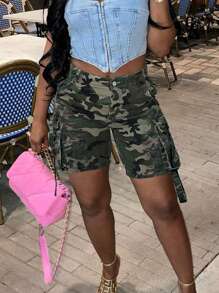 Quần short denim chân thẳng tiện ích Y2K Camo có nhiều túi - xanh quân đội - Xem 1