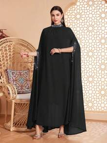 Women's Solid Color Stand Collar, Cuff & Neckline Embellished With Beading, Rhinestones, Asymmetrical Hem Long 2 Pieces Arabic Abaya, Suitable For Various Occasions Like Festivals, Gatherings, Daily Wear, Soft & Comfortable - Black - View 5