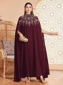 Women's Loose Casual Daily Wear Arabic Abaya, Small Stand Collar, Contrast Trim Detail, Embroidered Decor, Suitable For Various Occasions - Festivals, Casual, Daily, Soft & Skin-Friendly - Burgundy - View 1