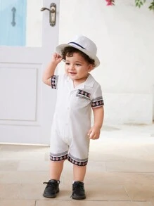 SHEIN 1入組嬰兒男童圖案休閒時尚折領爬服 - 白色 - 查看 1