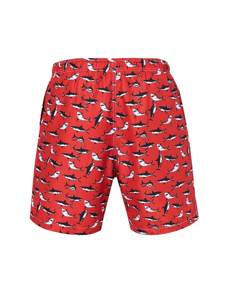 Men's Vacation Loose Fit Shark Printed Drawstring Waist Beach Shorts