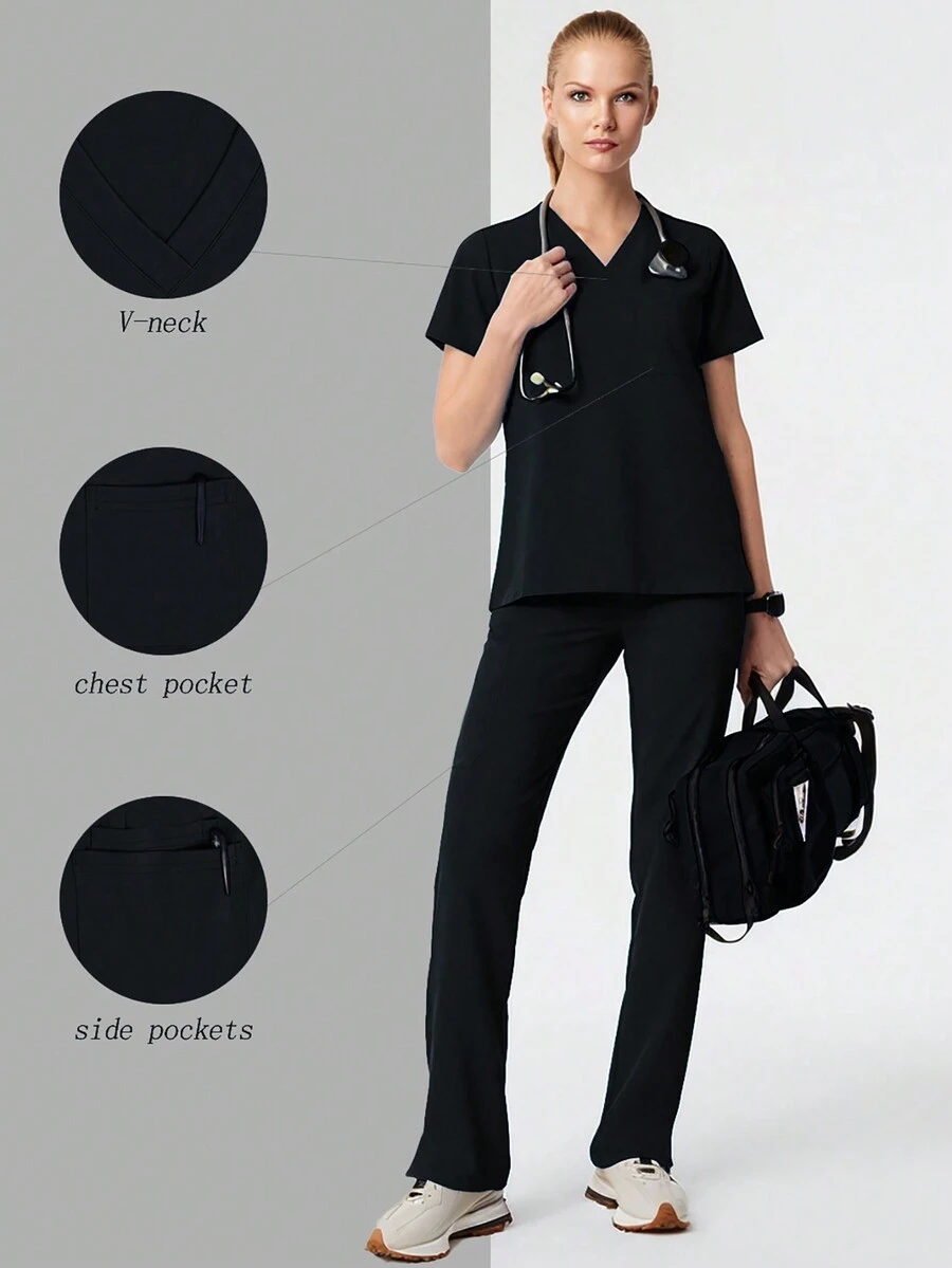 HOMEYEE Bộ đồng phục y tá phẫu thuật áo thun cổ chữ V trơn và quần nỉ cạp rút - màu đen - Xem 1