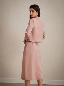 GENKIRA Conjunto de traje de chaqueta limpio y elegante para la oficina con blazer corto y sencillo con un solo botón combinado con falda recta de longitud media - Rosa - Ver 2