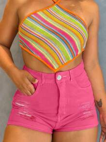 Women's Ripped Detail Slim Fit Denim Shorts, Magenta - Hot Pink - View 4