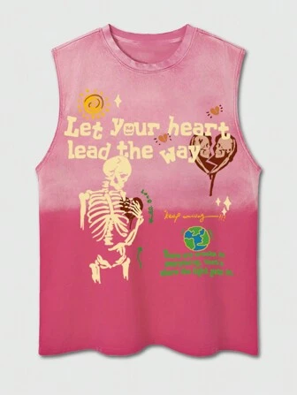 Street Life Chaleco sin mangas casual redondo de verano para hombre con estampado de eslogan y calavera, estilo lavado