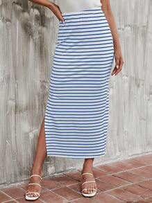 SHEIN Essnce Striped Printed Split Thigh Casual Skirt, Summer