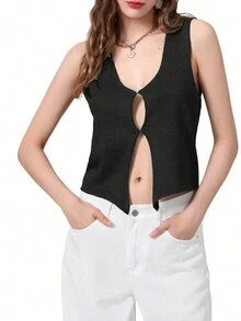 Chaleco de punto para mujer de verano con dobladillo acanalado, hueco y de unicolor - Negro - Ver 3