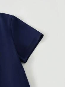 Tween Girl Simple Långbyxor Kortärmad Casual Homewear Set - Marinblå - Visa 3