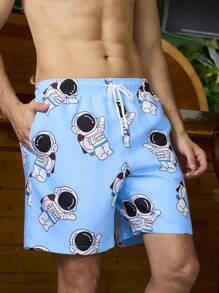 Surfspeed Men's Vacation Astronaut Printed Drawstring Waist Loose Beach Shorts