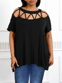 SHEIN Lady 加大码黑色宽松镂空不对称下摆上衣，适合乡村音乐节和狂欢节的夏季 T 恤 - 黑色 - 查看 5
