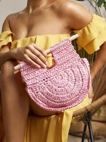 SHEIN SXY Sac fourre-tout à la mode pour femmes en paille tissée orange, idéal pour la plage, les vacances, l'été, les adolescents - Rose bonbon - Voir 2
