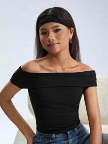 SHEIN Teen Girl Black Off Shoulder Tight Knit Ribbed Top T-Shirt