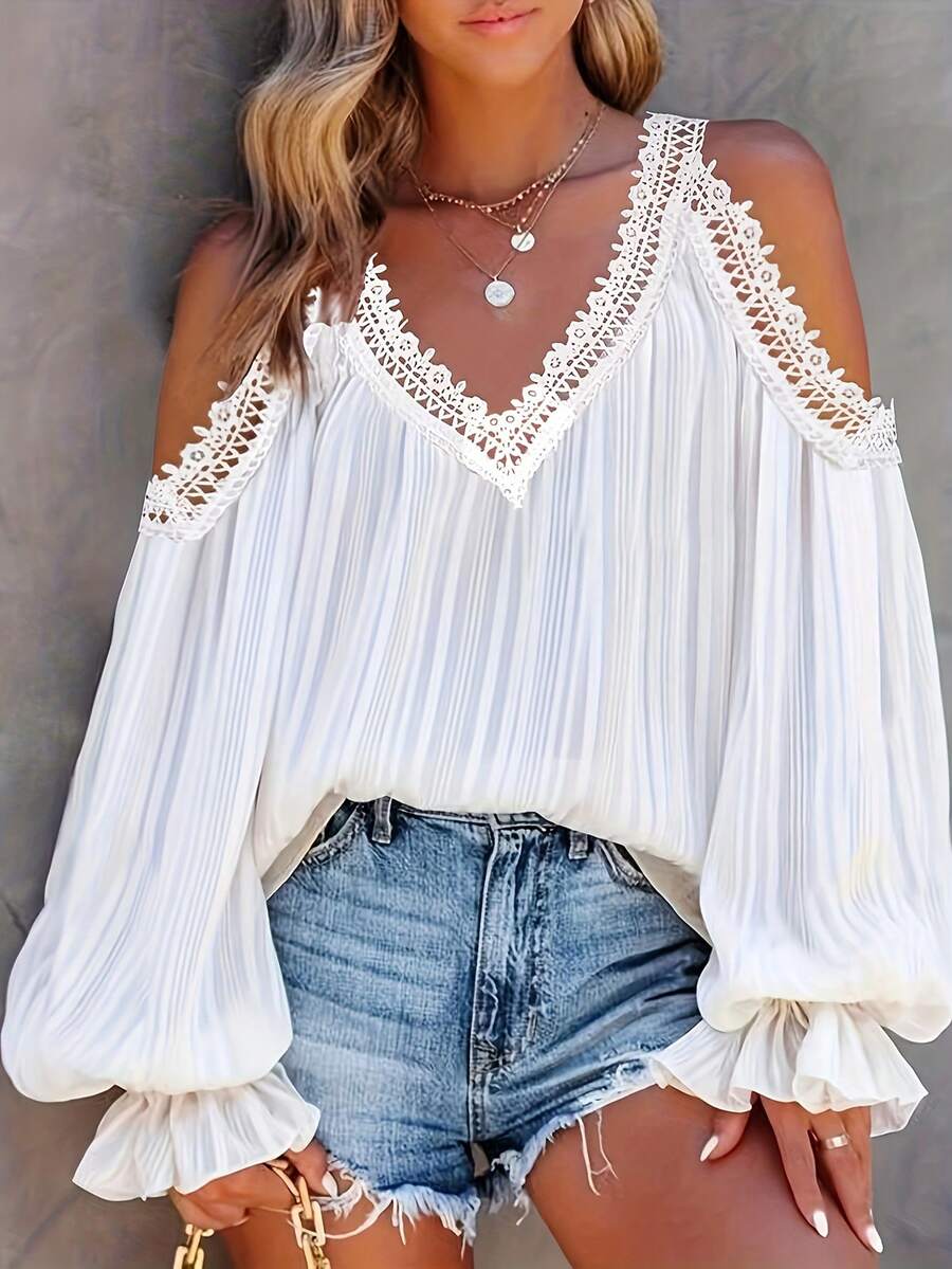 性感女士 V 领露肩荷叶边休闲优雅条纹衬衫上衣，适合海滩、蜜月旅行、春夏季 - 白色 - 查看 1