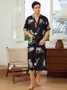 V-Neck Belted Blue Floral Printed Short Sleeve Loungewear Robe