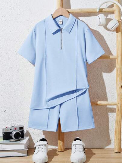 SHEIN Tween Boy Loose Fit Casual Solid Color Knitted Short Sleeve Polo Shirt And Shorts 2pcs/Set