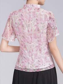 New Chinese-Style Qipao Top With Ruffled Sleeves, Elegant Pink Floral Tang Suit Top For Women, Summer
