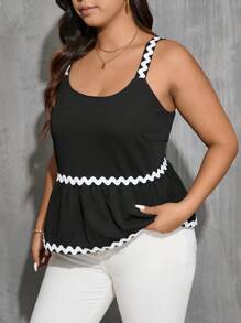 SHEIN Essnce Damen Große Größen Farbblock Wellenmuster Top mit quadratischem Ausschnitt und Camisole-Design - Schwarz und Weiss - Übersicht 3